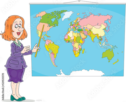School teacher pointing to counties on a World map and describing about them