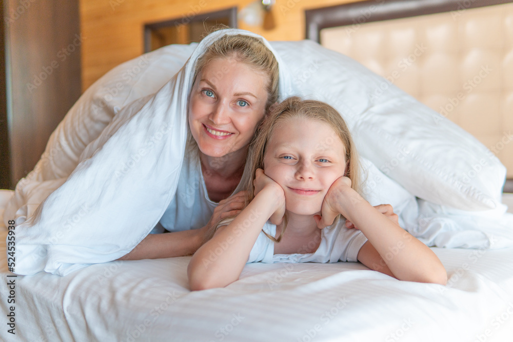 Blanket glad daughter over woman family bed head young mobile, concept sleeping morning from cell from health calm, rest comfortable. Beauty face one, Blanket glad daughter over woman family bed head young mobile, concept sleeping morning from cell from health calm, rest comfortable. Beauty face one,