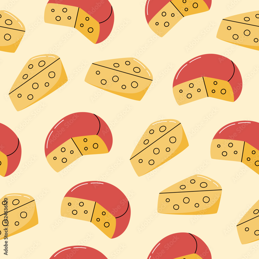Cheese with holes hand drawn seamless pattern. Farm product in flat style. Vector illustration. Cheese with holes hand drawn seamless pattern. Farm product in flat style. Vector illustration.