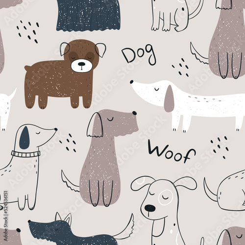 Seamless pattern with hand-drawn dogs. Cute cartoon animals. Vector illustration for printing on fabric, wrapping paper, clothing, wallpaper