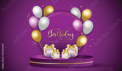 Happy birthday colorful banner template design with decorative ballon and golden confetti on background.