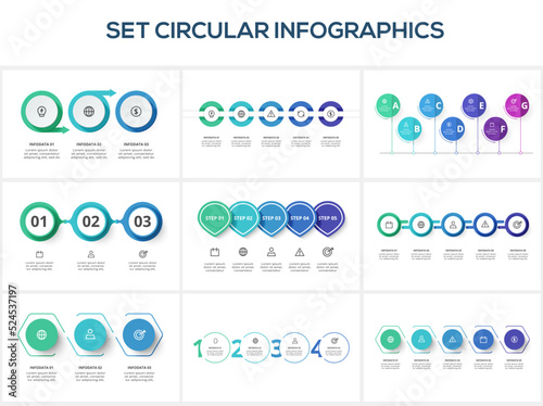 Circular infographic with 3, 4, 5, 7 steps, options, parts or processes. Business data visualization.