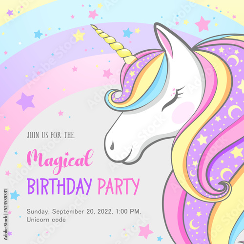 Birthday party on the theme of a magical unicorn with a multi-colored mane and a rainbow on the background
