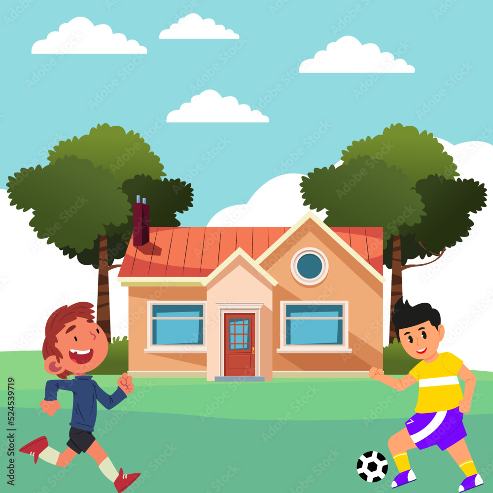 Children playing soccer in front of a house Children playing soccer in front of a house