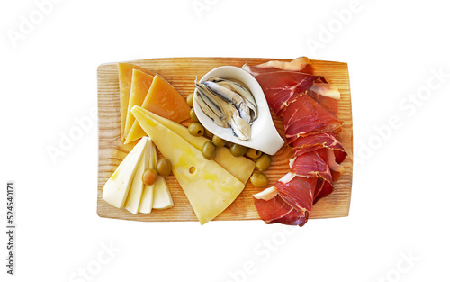 Leinwand Poster Isolated wooden board with ham, different kind of cheese, capers in a pickle and olives on a transparent background