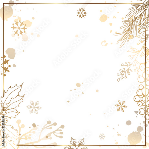 Gold square frame with branches of berries and flowers with snowflakes. White background and place for text. Vector