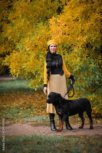 a brunette with a beautiful make-up in a yellow beret walks in autumn with a rottweiler