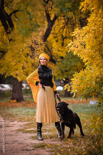 a brunette with a beautiful make-up in a yellow beret walks in autumn with a rottweiler © kravchuk olena