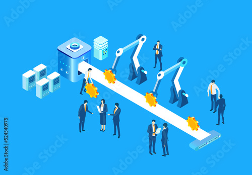 Isometric business environment infographic. Business people working next to conveyer belt. Manufactory, production line, producing, chain supply, making money