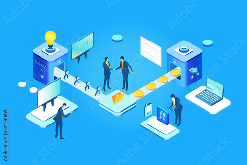 Isometric business environment infographic. Business people working next to conveyer belt. Manufactory, production line, producing, chain supply, making money © IRStone