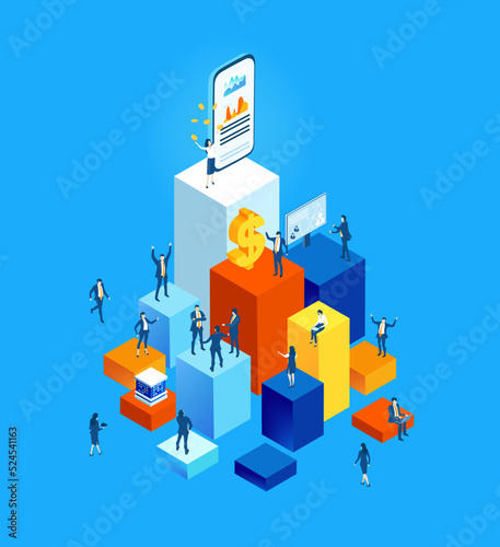 Isometric business concept environment. Lots of Business people are working in big open space office. Ladder of success. Solving problems, helping, reading data infographic illustration © IRStone