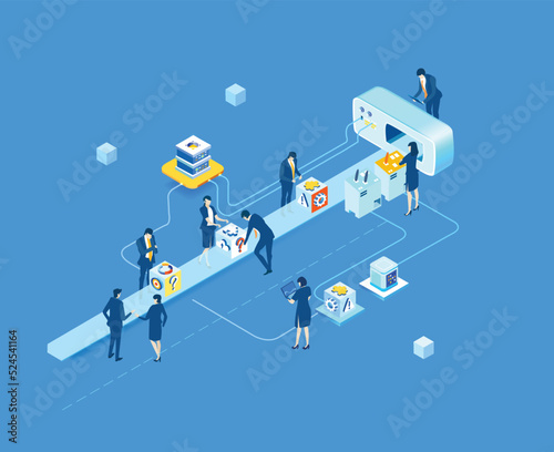 Isometric business environment infographic. Business people working next to conveyer belt. Manufactory, production line, producing, chain supply, making money