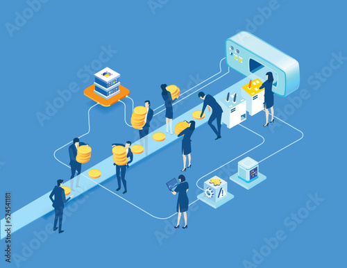 Isometric business environment infographic. Business people working next to conveyer belt. Manufactory, production line, producing, chain supply, making money