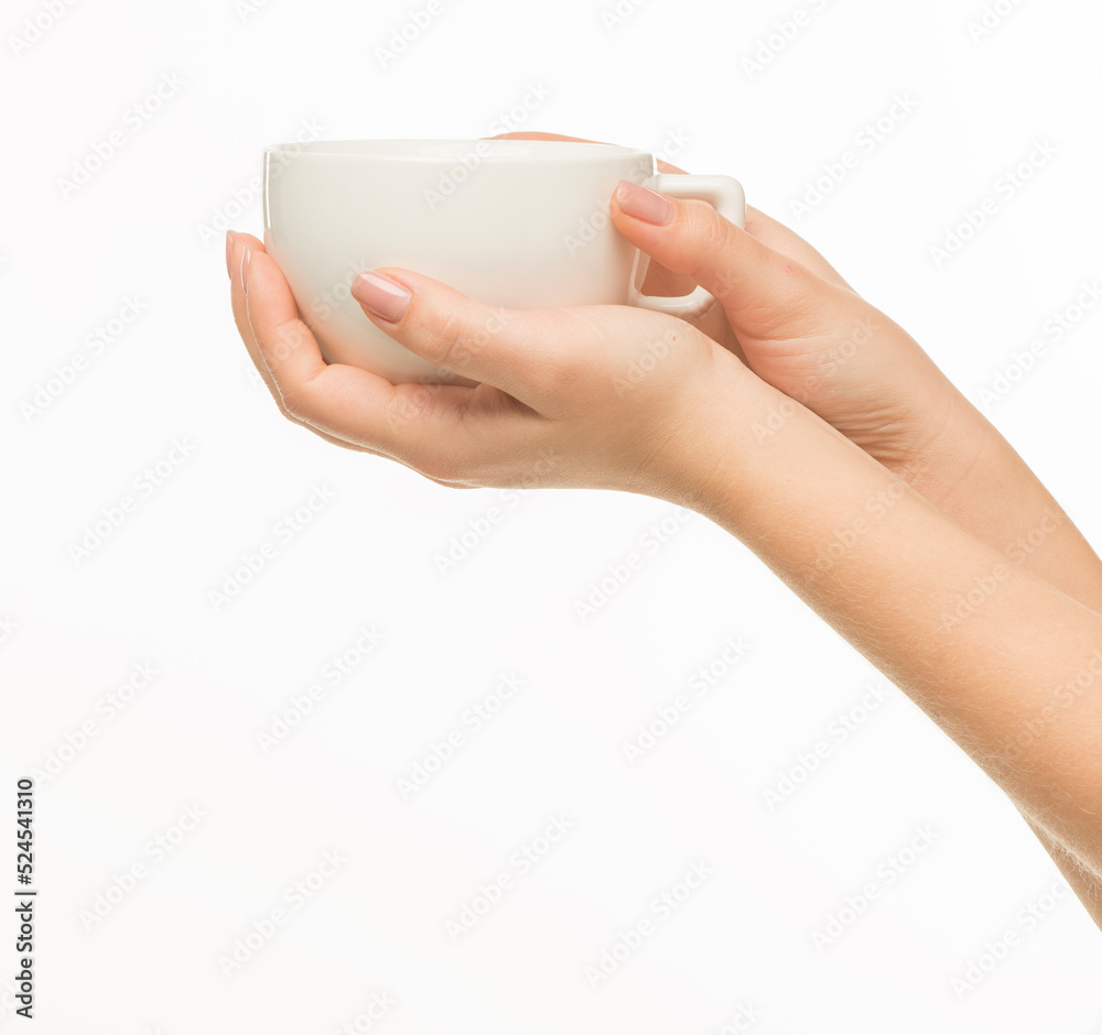 female hands hold a white cup on a white background isolated female hands hold a white cup on a white background isolated