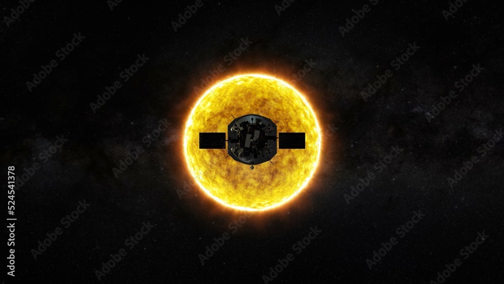 Parker Solar Probe Mission to the sun. Dramatic view of the sun with fire and plazma along the surface - obrazy, fototapety, plakaty 