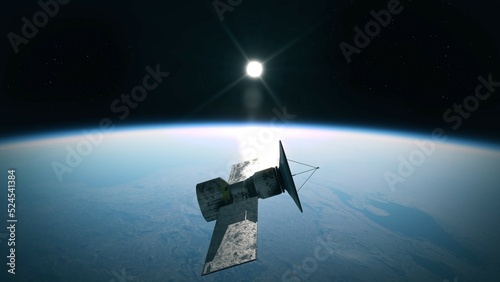 Rusty old Satellite spinning out of control and falling down from space into Earth. Big chunk of space debris rotating in orbit around Earth.