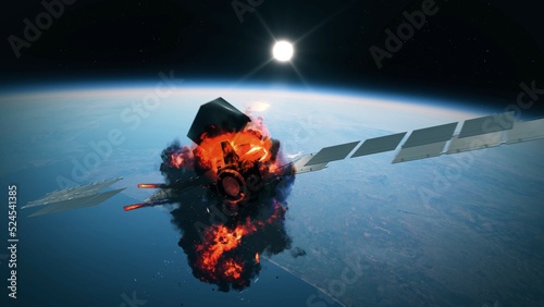 Shooting down a satellite in orbit with a missile. Explosion in space after a satellite was hit by a rocket from Earth.