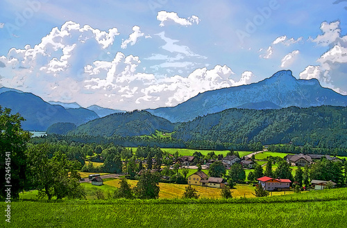 alpine green flatland aka downcountry and mountain line in sunny day with white clouds, travel diversity