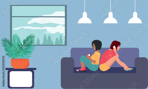 Two girls are talking on the phone, sitting on the sofa in the room.
