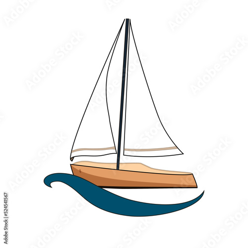 Sailing ship, ship on the wave. Sea and boat means. Vector illustration isolated on white background