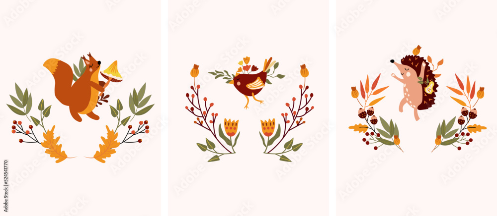 Cute Autumn composition with colorful leaves, a happy hedgehog with pear, cute squirrel, funny bird, autumn leaves and mushrooms. Perfect for your greeting cards, poster, postcard.Vector illustration Cute Autumn composition with colorful leaves, a happy hedgehog with pear, cute squirrel, funny bird, autumn leaves and mushrooms. Perfect for your greeting cards, poster, postcard.Vector illustration