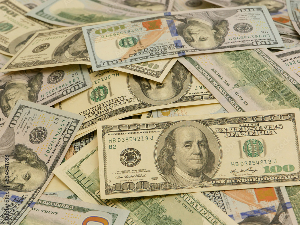 100-dollar bills close-up view from above. 100-dollar bills close-up view from above.