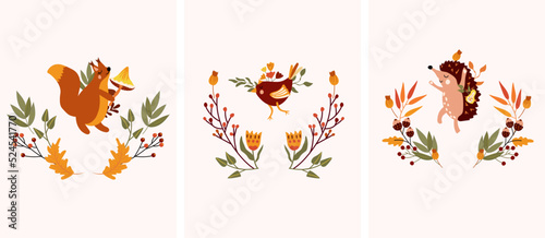 Fototapeta Naklejka Na Ścianę i Meble -  Cute Autumn composition with colorful leaves, a happy hedgehog with pear, cute squirrel, funny bird, autumn leaves and mushrooms. Perfect for your greeting cards, poster, postcard.Vector illustration