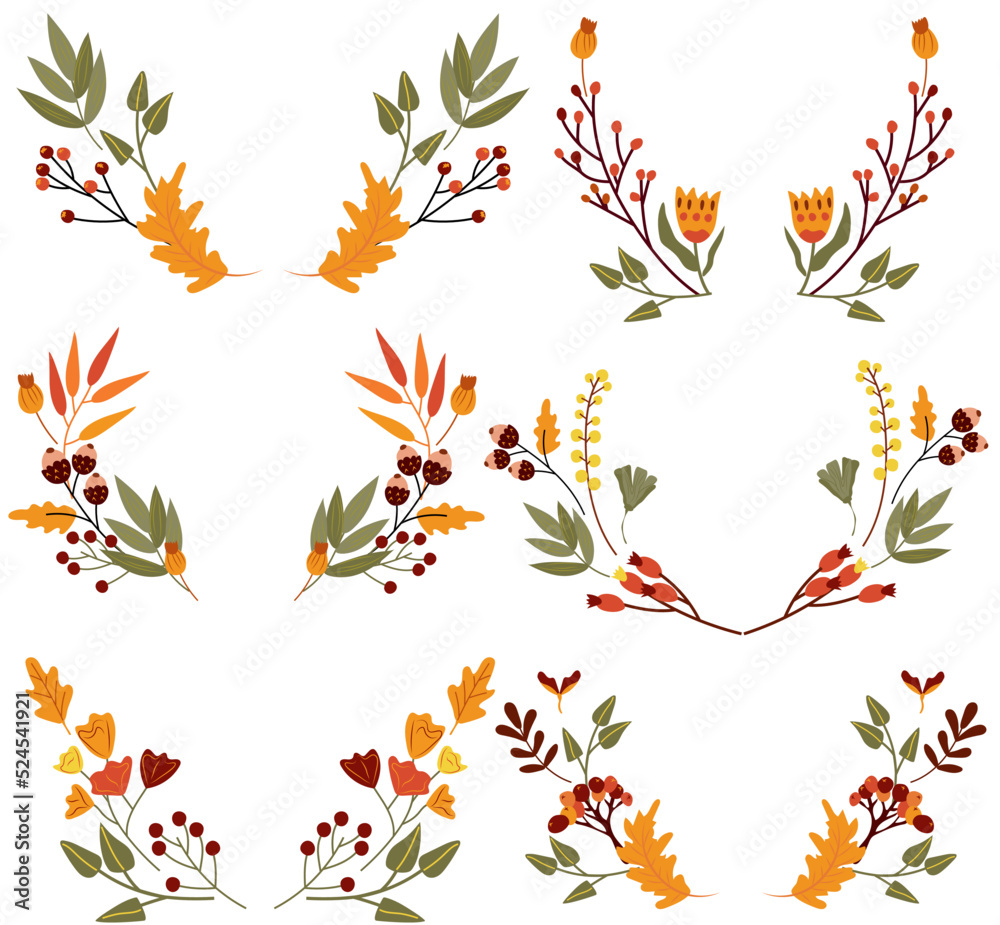 Cute Autumn wreaths with colorful flowering, berryes, leaves. Composition for your greeting cards, poster, postcard.Vector Illustration
