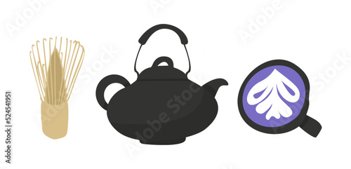 Set of various tea products made from matcha. Blue matcha powder, whisk, bamboo spoon, teapot, drink, tea, tea leaves, chocolate. Hand drawn vector set. Colored trendy illustration flat style