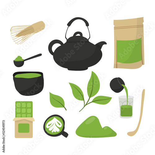 Set of various tea products made from matcha. Green matcha powder, whisk, bamboo spoon, teapot, drink, tea, tea leaves, chocolate. Hand drawn vector set. Colored trendy illustration flat style