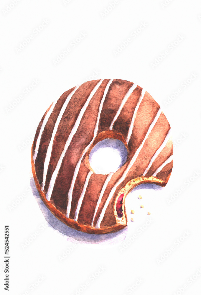 Watercolor drawing of a bitten donut with brown icing.