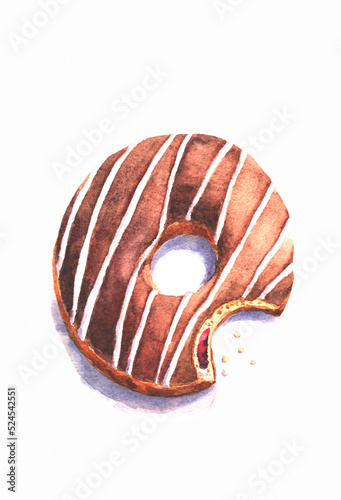 Obraz na płótnie Watercolor drawing of a bitten donut with brown icing. w salonie