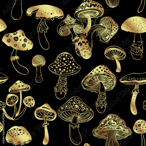 Magic mushrooms golden seamless pattern. Psychedelic hallucination. 60s hippie colorful art. Vintage psychedelic textile, fabric, wrapping, wallpaper. Vector repeating illustration.