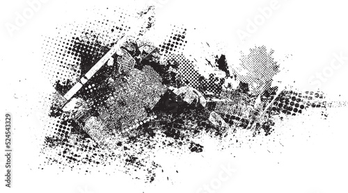 Glitch distorted geometric shape . Noise destroyed logo . Trendy defect error shapes . Glitched frame .Grunge textured . Distressed effect .Vector shapes with a halftone dots screen print texture.