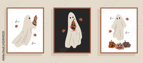 Halloween card design with a cute ghost and scary pumpkins