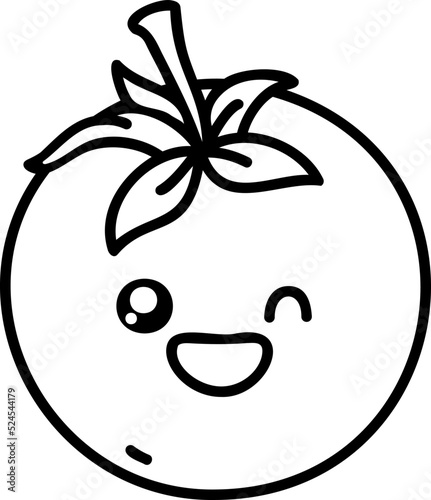Cute Kawaii Tomato. Farm funny organic vegetable, flat design. Hand draw linear illustration. Vector on isolated background. For printing on paper and fabric, children's illustration
