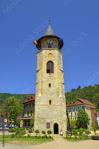 Piatra Neamt Central Plaza with Tower - Ancient towerbell in the medieval complex Royal Court, Romania photo