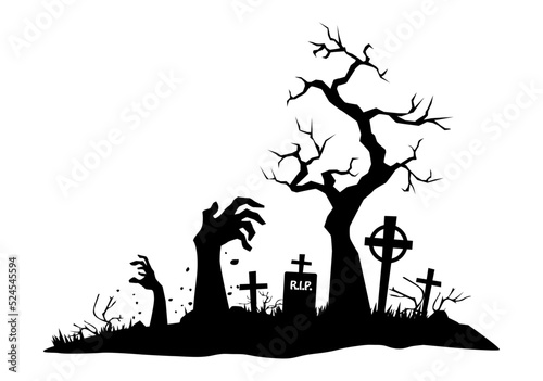 Halloween black element. Сemetery landscape with dead hands from graves. Vector on transparent background