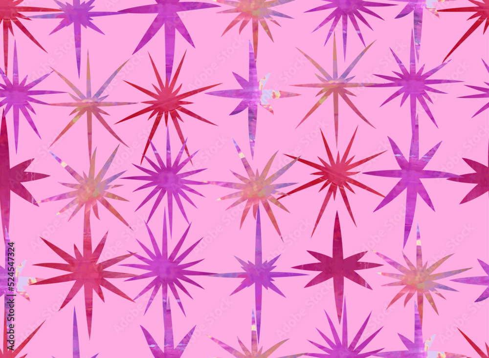 Seamless festive pattern with glittery pink stars. Seamless festive pattern with glittery pink stars.