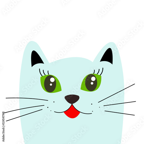 cute blue cat girl illustration. Print graphic for T-shirt. Cat face character. A gray kitten Vector illustration for greeting card, invitation.