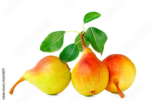 Three pears with leaves, with shadow, isolated on white background