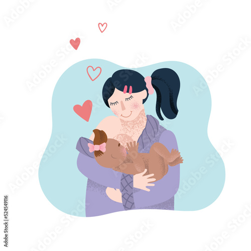 A mother breastfeeds her baby. Concept vector illustration in cartoon style