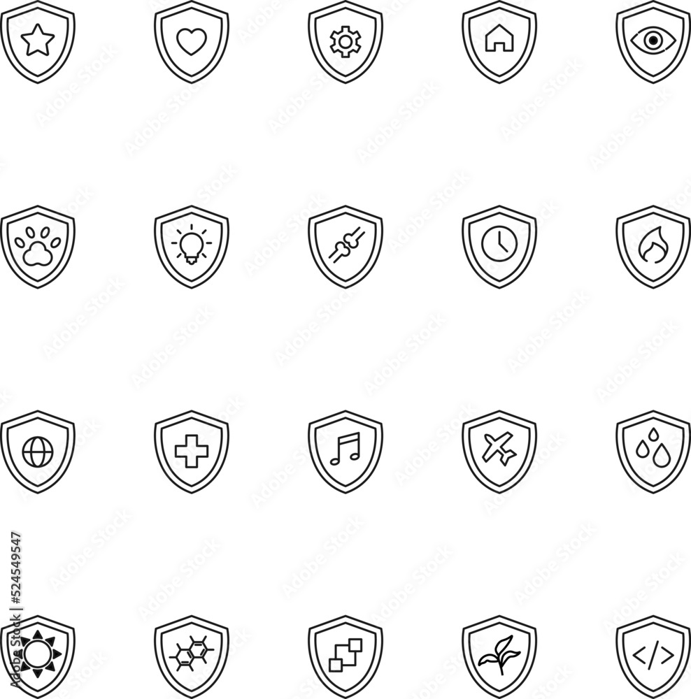 Shield, armor, protection line icon set. Vector symbol of star, heart ...