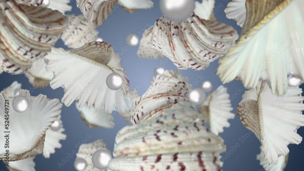 Sea shells with pearls falling down on a blue background. Seamless looping slow motion 4k video