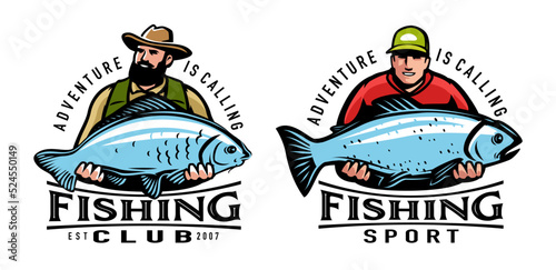 Fisherman holds big fish caught on fishing rod. Sport fishing emblem or logo design template. Vector illustration set photo