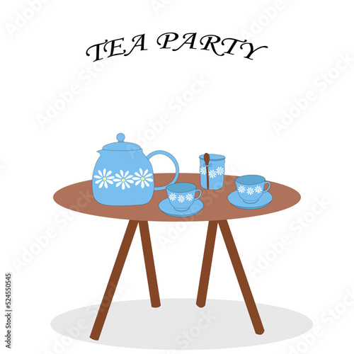 set of teapot teapot and cups of blue flowers on the table.Vector illustration of tea drinking