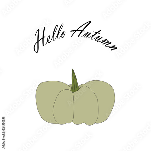 green pumpkin illustration, lettering hello autumn. autumn harvest illustration