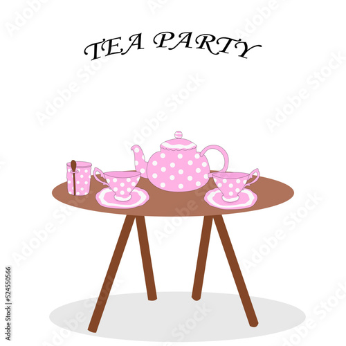 set of teapot teapot and cups of rose flowers on the table.Vector illustration of tea drinking