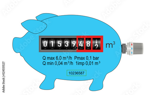 Sparschwein in blau mit Thermostat und Gaszähler,
Vektor Illustration isoliert auf weißem Hintergrund
