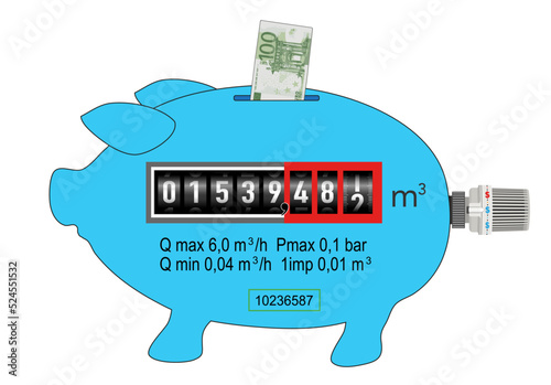Sparschwein in blau mit 100 Euro Geldschein, Thermostat und Gaszähler,
Vektor Illustration isoliert auf weißem Hintergrund
